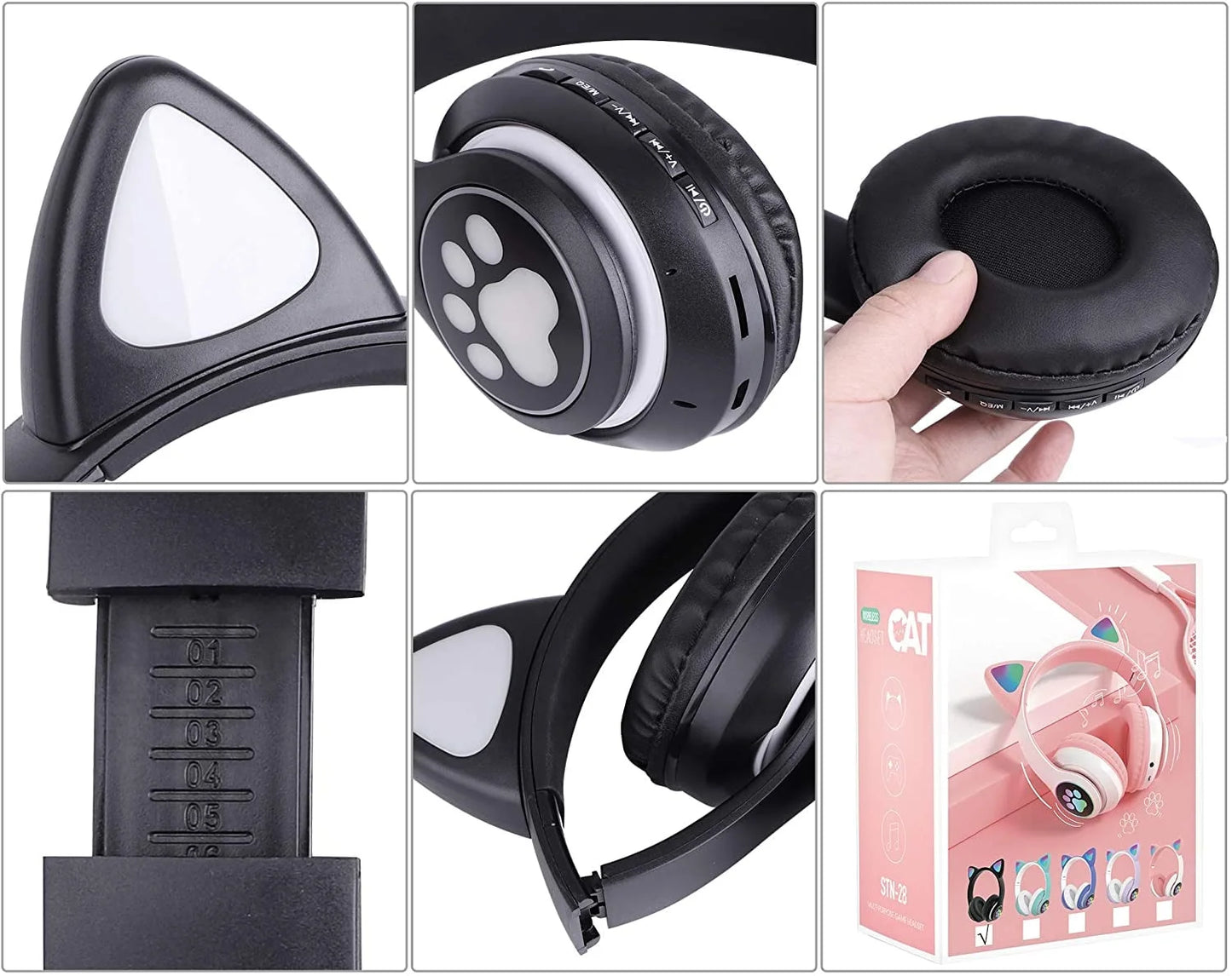 Kids Wireless Headphones Cat Ear LED Light up Bluetooth Foldable Headphones over Ear W/Microphone for Online Distant Learning (Pink)