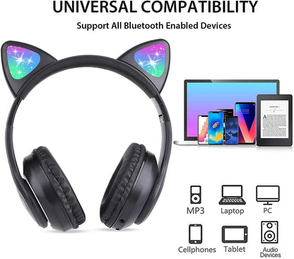 Kids Wireless Headphones Cat Ear LED Light up Bluetooth Foldable Headphones over Ear W/Microphone for Online Distant Learning (Pink)