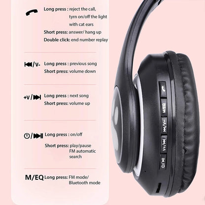 Kids Wireless Headphones Cat Ear LED Light up Bluetooth Foldable Headphones over Ear W/Microphone for Online Distant Learning (Pink)