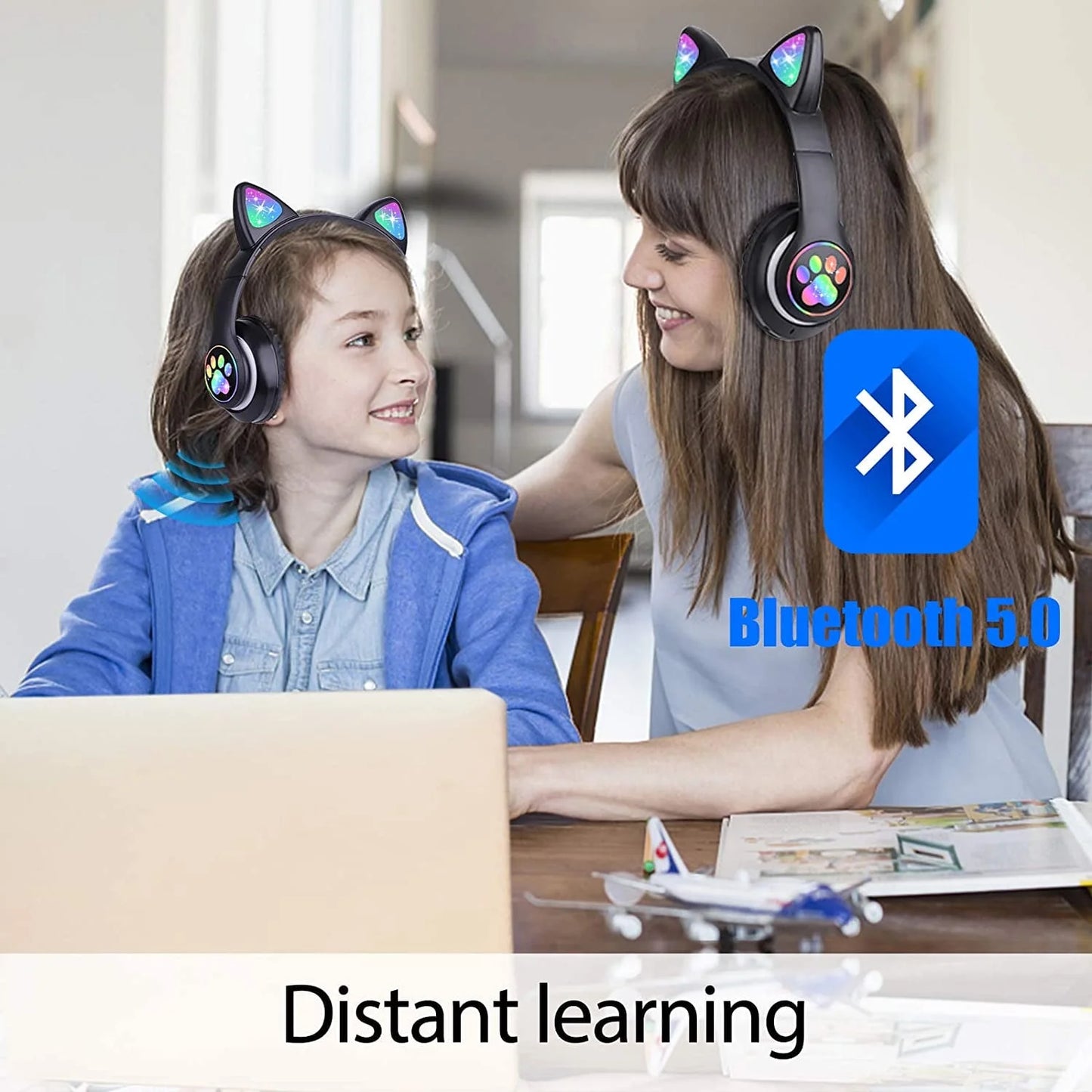 Kids Wireless Headphones Cat Ear LED Light up Bluetooth Foldable Headphones over Ear W/Microphone for Online Distant Learning (Pink)
