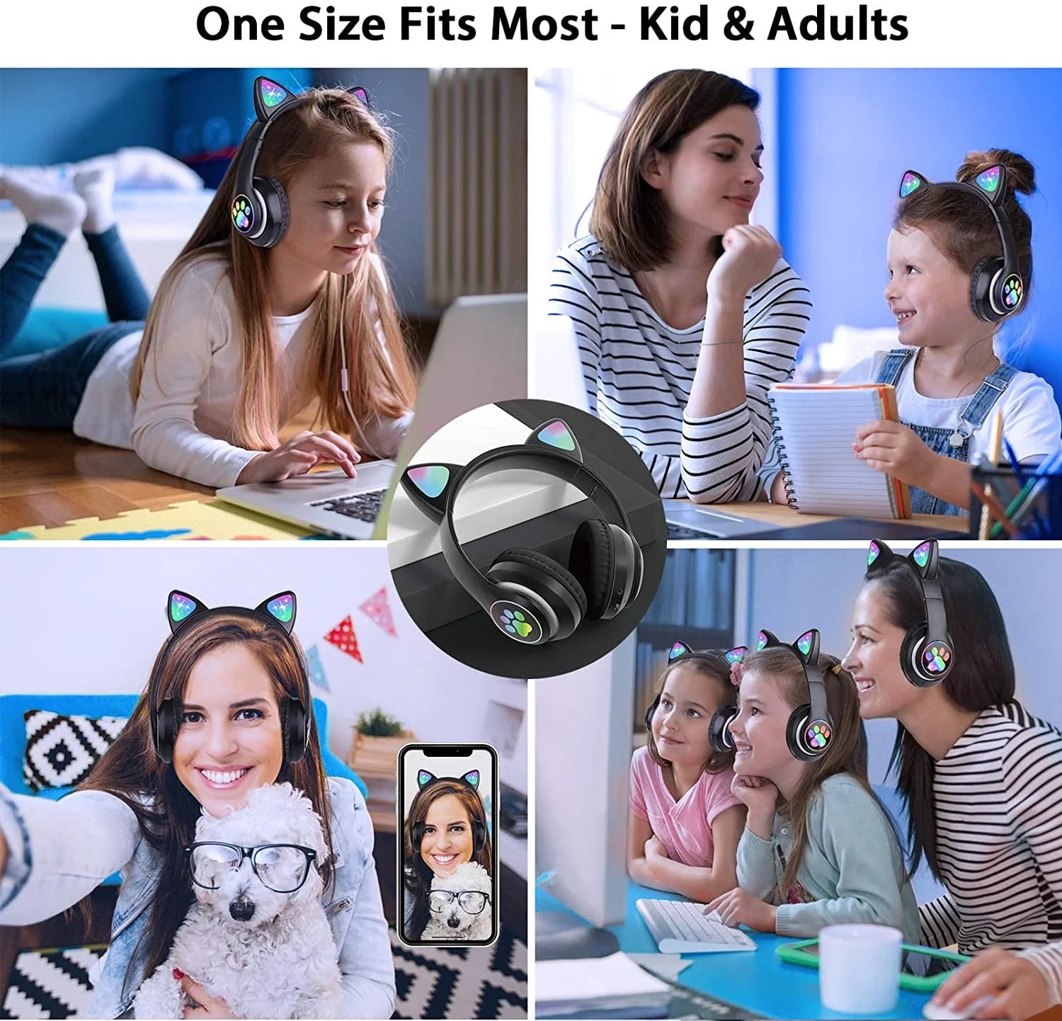 Kids Wireless Headphones Cat Ear LED Light up Bluetooth Foldable Headphones over Ear W/Microphone for Online Distant Learning (Pink)